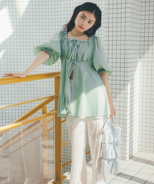 セール】パフスリーブナイロンチュニックブラウス（シャツ/ブラウス