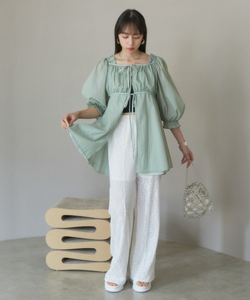 セール】パフスリーブナイロンチュニックブラウス（シャツ/ブラウス