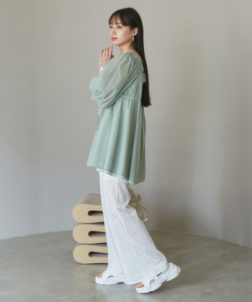 セール】パフスリーブナイロンチュニックブラウス（シャツ/ブラウス
