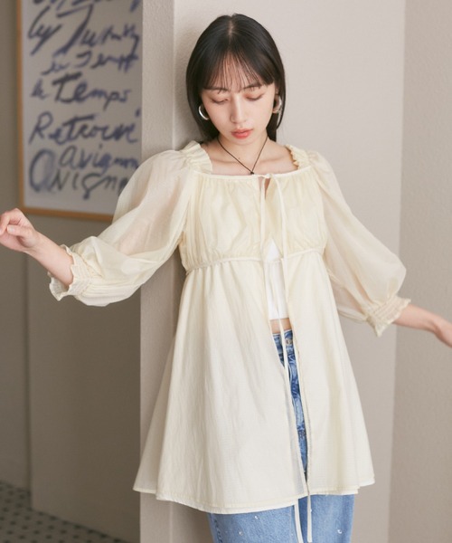 セール】パフスリーブナイロンチュニックブラウス（シャツ/ブラウス