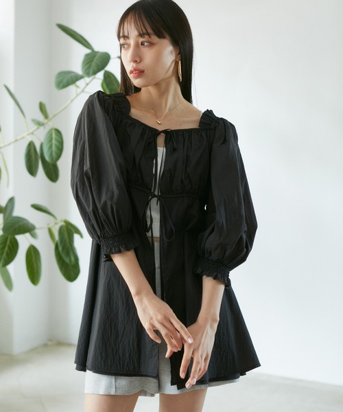 セール】パフスリーブナイロンチュニックブラウス（シャツ/ブラウス