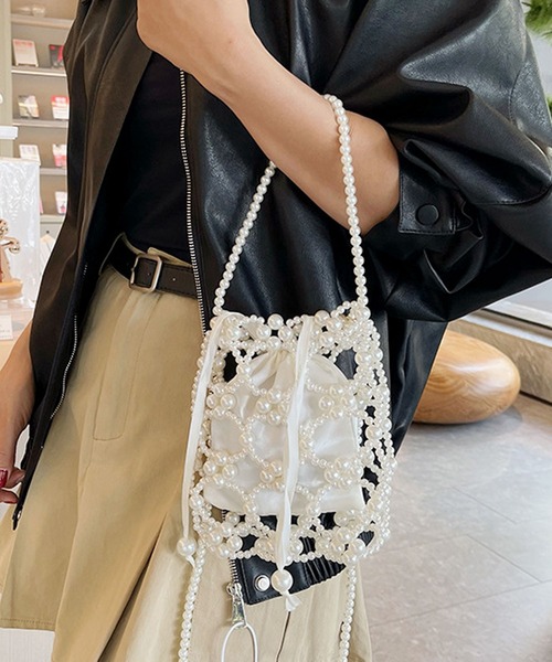 florist（フローリスト）の「【巾着ポーチ付】2WAY ビーズショルダーバッグ/ハンドバッグ（ショルダーバッグ・レディース・ホワイト/シルバー・FREE）」の8枚目の写真