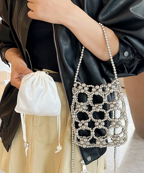 florist（フローリスト）の「【巾着ポーチ付】2WAY ビーズショルダーバッグ/ハンドバッグ（ショルダーバッグ・レディース・ホワイト/シルバー・FREE）」の18枚目の写真