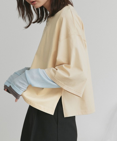 ad thie(アドティエ)の「ワイドシルエット ショート丈Tシャツ(Tシャツ/カットソー・レディース・チャコール/イエロー/ライトグリーン/ブルーグレー/ブラック/ピンクベージュ/ライトブルー/オフホワイト/ナチュラル/ダークブラウン/ミント/ブラック系/ホワイト系/レッド/ピンク系1/ベージュ/ネイビー・FREE)」の8枚目の写真