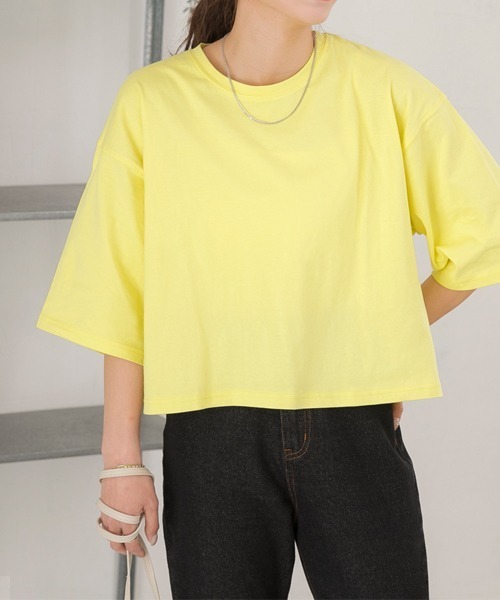 ad thie(アドティエ)の「ワイドシルエット ショート丈Tシャツ(Tシャツ/カットソー・レディース・チャコール/イエロー/ライトグリーン/ブルーグレー/ブラック/ピンクベージュ/ライトブルー/オフホワイト/ナチュラル/ダークブラウン/ミント/ブラック系/ホワイト系/レッド/ピンク系1/ベージュ/ネイビー・FREE)」の14枚目の写真