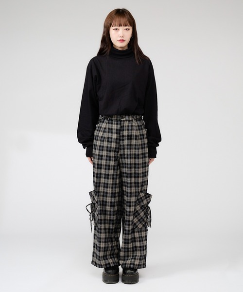 Chick(チック)の「Wide Leg Check Pants / ワイドシルエットチェックパンツ(カーゴパンツ・レディース・ブラック・FREE)」の9枚目の写真