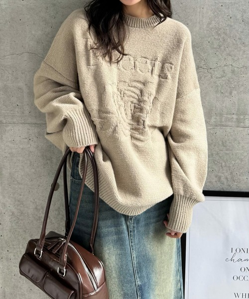 clear（クリア）の「編地替え花モチーフロゴニットトップス[大人カジュアル　ゆったり] ≪2024AW新作≫（ニット/セーター・レディース・グレー/グリーン/グレイッシュベージュ・F）」の9枚目の写真