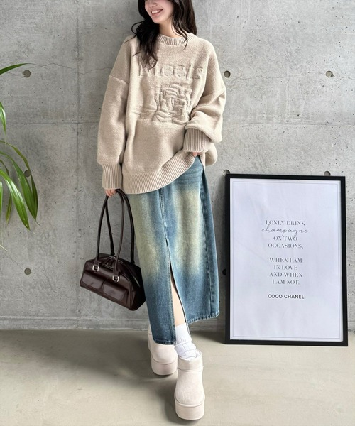 clear（クリア）の「編地替え花モチーフロゴニットトップス[大人カジュアル　ゆったり] ≪2024AW新作≫（ニット/セーター・レディース・グレー/グリーン/グレイッシュベージュ・F）」の8枚目の写真