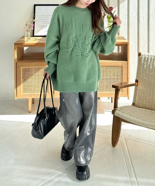 clear（クリア）の「編地替え花モチーフロゴニットトップス[大人カジュアル　ゆったり] ≪2024AW新作≫（ニット/セーター・レディース・グレー/グリーン/グレイッシュベージュ・F）」の7枚目の写真