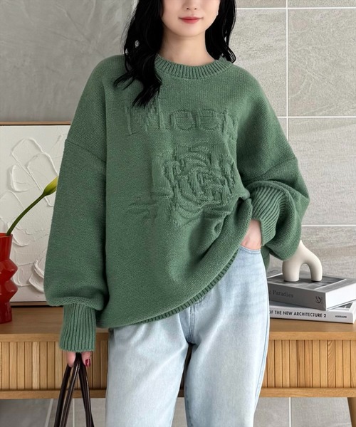 clear（クリア）の「編地替え花モチーフロゴニットトップス[大人カジュアル　ゆったり] ≪2024AW新作≫（ニット/セーター・レディース・グレー/グリーン/グレイッシュベージュ・F）」の20枚目の写真