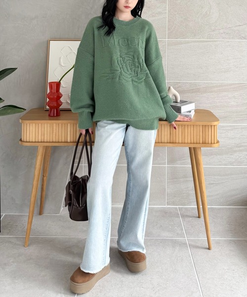 clear（クリア）の「編地替え花モチーフロゴニットトップス[大人カジュアル　ゆったり] ≪2024AW新作≫（ニット/セーター・レディース・グレー/グリーン/グレイッシュベージュ・F）」の19枚目の写真