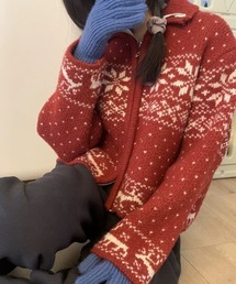 ノルディック柄ジップアップニットトップス