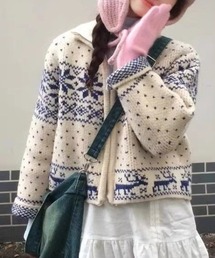 ノルディック柄ジップアップニットトップス