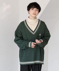 セール】ALAN PAINE:7ゲージ クリケット ケーブル Vネック ニット