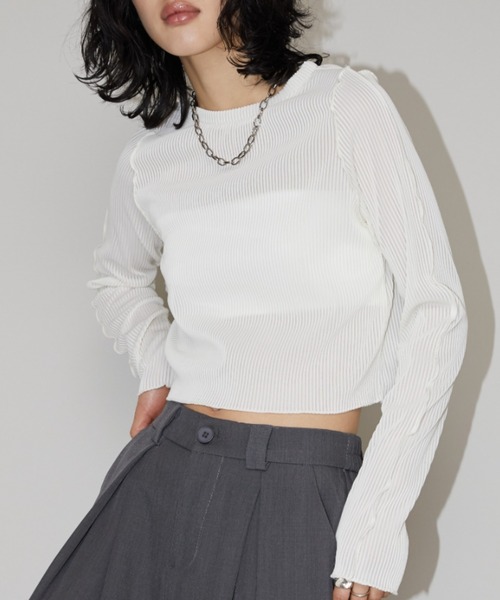 Aunt Marie's(アントマリーズ)の「ミニプリーツクロップドトップス(Tシャツ/カットソー・レディース・ホワイト/ブラック/チャコールグレー・FREE)」の3枚目の写真