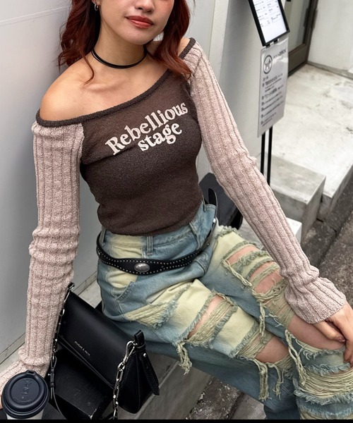 SPIRALGIRL（スパイラルガール）の「ラグランシアーニット（ニット/セーター・レディース・ブラウン/ピンク/ブラック・FREE）」の6枚目の写真