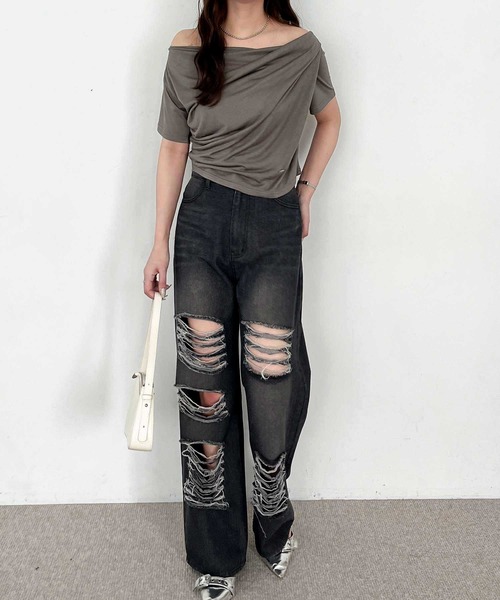 nelliy.（ネルリー）の「ドレープオフショルスラブシアーTシャツ（Tシャツ/カットソー・レディース・チャコール/オフホワイト・LARGE/MEDIUM）」の13枚目の写真