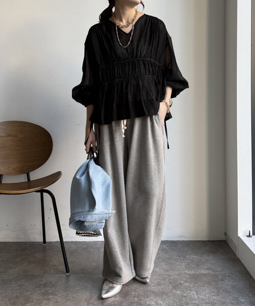 WEB限定】楊柳シフォンギャザーブラウス
