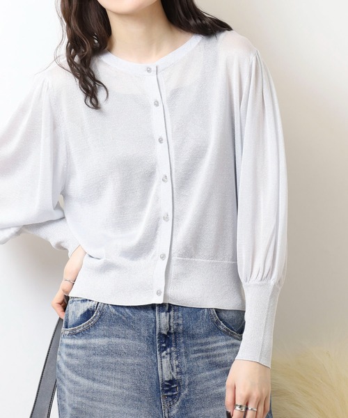 エグランティーヌ EGLANTINE 麻混シャリ感長袖カーディガン 袖フレア ベルスリーブ 透け感 （サンドベージュ） エグランティーヌ EGLANTINE 麻混シャリ感長袖カーディガン 袖