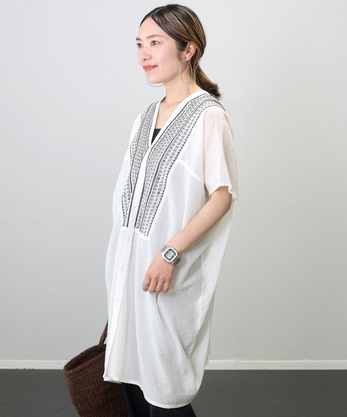 綿クレープ刺繍前開きチュニック（チュニック）｜Aletta vita（アレッ