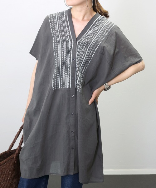 綿クレープ刺繍前開きチュニック（チュニック）｜Aletta vita（アレッ