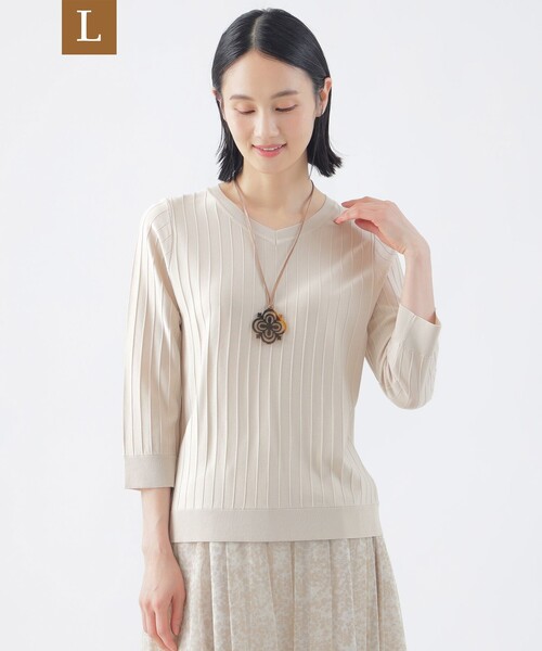 TRANS WORK(トランスワーク)の「【L】【ウォッシャブル】ヴィスコースストレッチVネックプルオーバー(Tシャツ/カットソー・レディース・ネイビー/ブルー系その他4/ベージュ・44/46)」の2枚目の写真