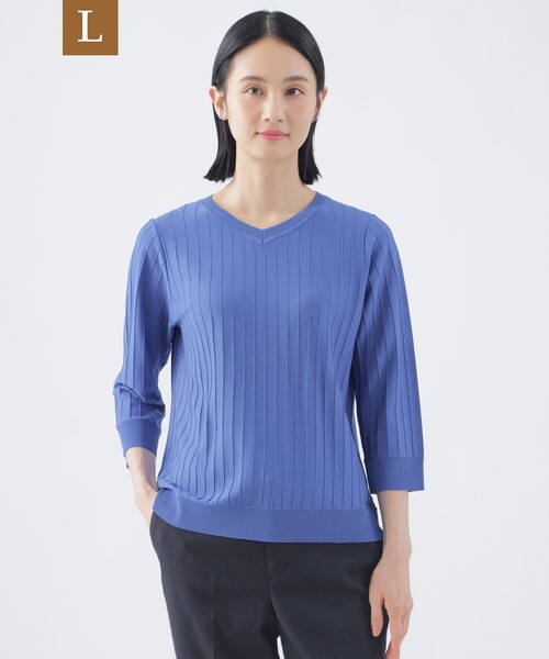 TRANS WORK(トランスワーク)の「【L】【ウォッシャブル】ヴィスコースストレッチVネックプルオーバー(Tシャツ/カットソー・レディース・ネイビー/ブルー系その他4/ベージュ・44/46)」の3枚目の写真