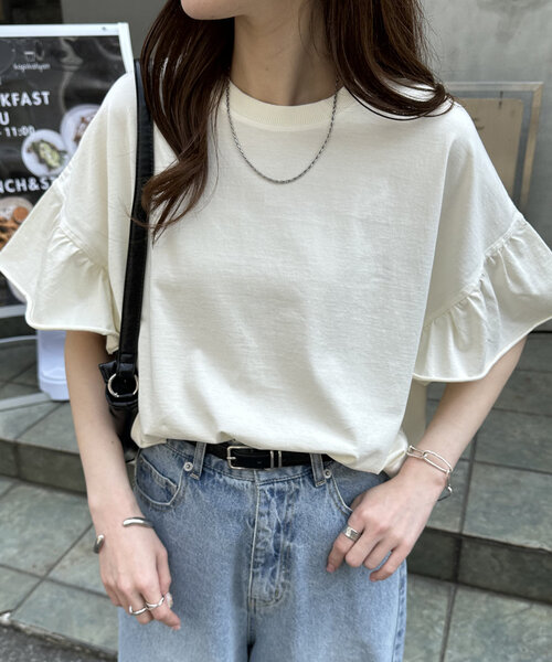 DISCOAT(ディスコート)の「ピグメントフリルTシャツ(Tシャツ/カットソー・レディース・アイボリー/チャコールグレー/モカ・FREE)」の8枚目の写真