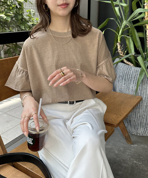 DISCOAT(ディスコート)の「ピグメントフリルTシャツ(Tシャツ/カットソー・レディース・アイボリー/チャコールグレー/モカ・FREE)」の22枚目の写真