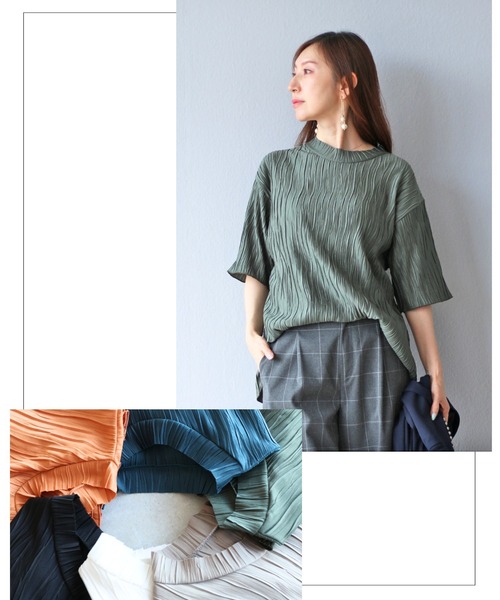 Vieo(ヴィオ)の「Tシャツ+上品 大人の正解トップス(Tシャツ/カットソー・レディース・ブラック/ホワイト/オレンジ/ブルー/ベージュ系その他/カーキ/ターコイズブルー/ピンク・FREE)」の10枚目の写真
