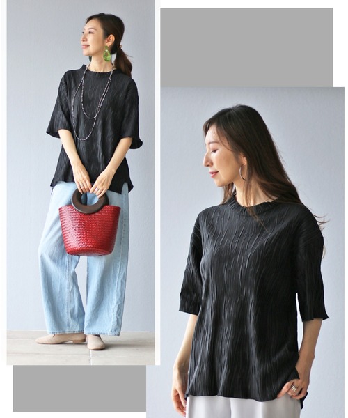 Vieo(ヴィオ)の「Tシャツ+上品 大人の正解トップス(Tシャツ/カットソー・レディース・ブラック/ホワイト/オレンジ/ブルー/ベージュ系その他/カーキ/ターコイズブルー/ピンク・FREE)」の15枚目の写真