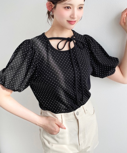 moment+（モーメントプラス）の「バレエコアパフスリーブテレコリブ半袖ドットプリントカットソー（Tシャツ/カットソー・レディース・杢グレー/ブラック/アイボリー/ネイビー・M/L）」の9枚目の写真
