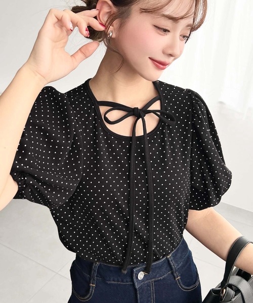 moment+（モーメントプラス）の「バレエコアパフスリーブテレコリブ半袖ドットプリントカットソー（Tシャツ/カットソー・レディース・杢グレー/ブラック/アイボリー/ネイビー・M/L）」の14枚目の写真