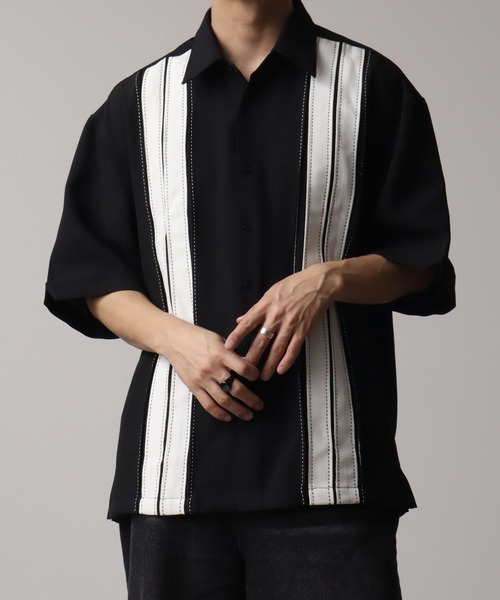ハンドステッチバーティカルライン半袖オーバーサイズシャツ