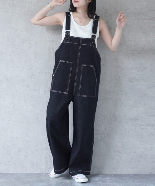 Emma（SELECT LEVERY）（エマ セレクトリベリー）の「配色ステッチベイカーサロペット（サロペット/オーバーオール・レディース・キナリ/ベージュ/カーキ/ブラック/ワンウォッシュ・MEDIUM/LARGE）」の3枚目の写真