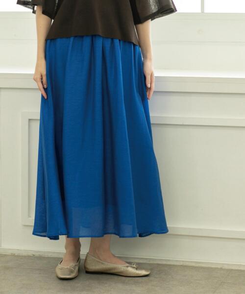 OPAQUE.CLIP（オペークドットクリップ）の「麻混シアーギャザーフレアスカート【洗濯機洗い可】（スカート・レディース・パープル/ブルー系その他/ブラック・38/40/42）」の3枚目の写真