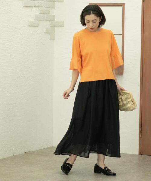 OPAQUE.CLIP（オペークドットクリップ）の「麻混シアーギャザーフレアスカート【洗濯機洗い可】（スカート・レディース・パープル/ブルー系その他/ブラック・38/40/42）」の7枚目の写真