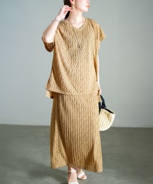 GOLDJAPAN（ゴールドジャパン）の「ふくれジャガードVネックトップス＆ナロースカートセット【大きいサイズ対応】（セットアップ）」