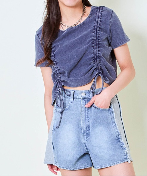 GORGE(ゴージ)の「《ピグメント×両サイドドロスト》クロップドTシャツ(Tシャツ/カットソー・レディース・ピンク/ネイビー/ブラック・F)」の2枚目の写真