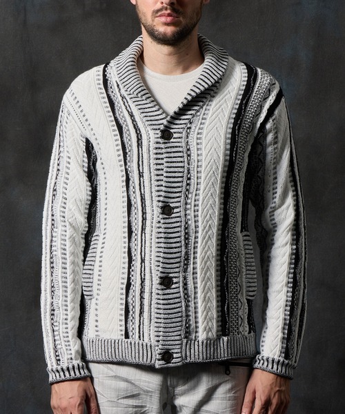 HIDEAWAYS NICOLE（ハイダウェイニコル）の「ランダムストライプ３Dニットカーディガン（カーディガン/ボレロ・メンズ・ホワイト×ブラック/ブラック×ホワイト/ブルー系/ブラック系・MEDIUM/X-LARGE/LARGE）」の15枚目の写真