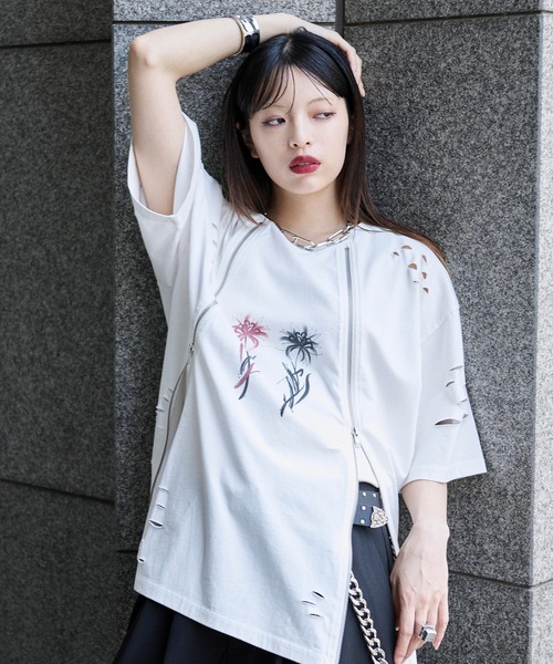 ジップデザインロゴプリントTシャツ（Tシャツ/カットソー）｜狐