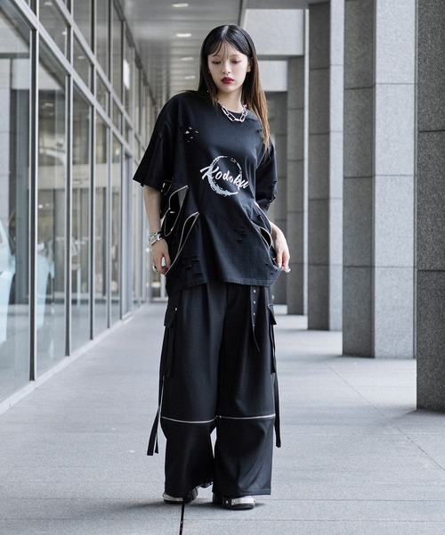 狐独】ジップデザインロゴプリントTシャツ（Tシャツ/カットソー