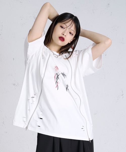 狐独】ジップデザインロゴプリントTシャツ（Tシャツ/カットソー