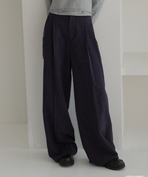 O*7様 haek ストライプネイビーパンツ stripe wide pants/ストライプワイドパンツ（スラックス）｜haek