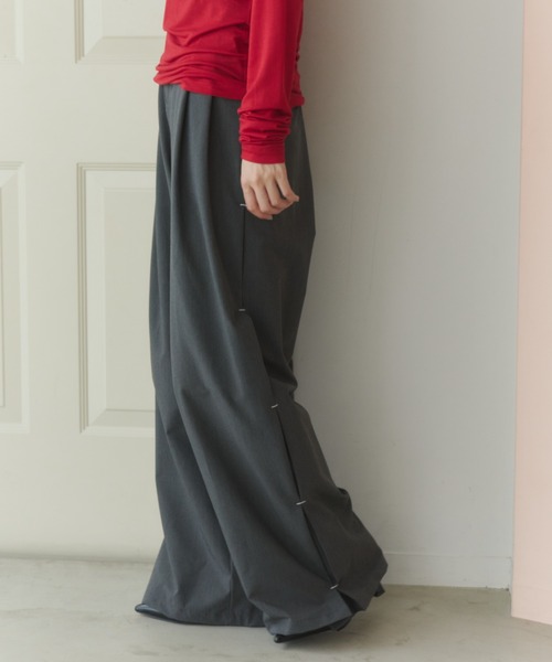 ダークストライプ ワイドパンツ バルーンシルエット 韓国 cr8033 stripe wide pants/ストライプワイドパンツ（スラックス）｜haek