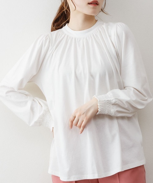 RCD(アールシーディー)の「プチハイネックボリュームスリーブカットソー(Tシャツ/カットソー・レディース・ブラック/チャコールグレー/ライトブラウン/グレイッシュベージュ/ホワイト・M-L/LL~3L/4L~5L)」の7枚目の写真