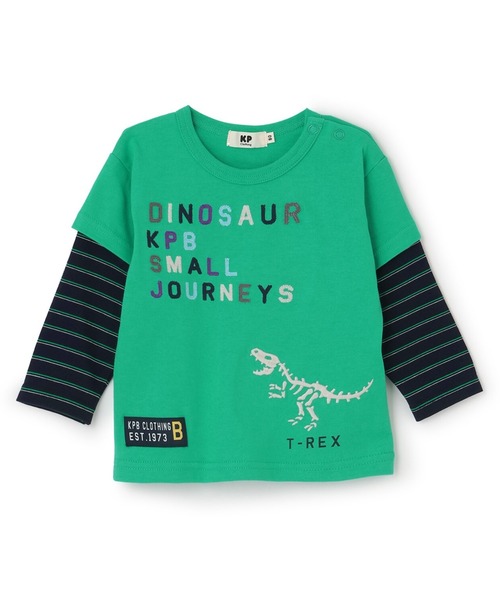 KP BOY（ケーピーボーイ）の「恐竜刺しゅう レイヤード風長袖Tシャツ（Tシャツ/カットソー・キッズ・ブルー/グリーン・90cm/110cm/100cm/120cm/80ｃｍ）」の2枚目の写真