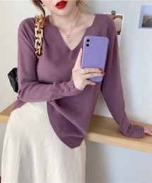【9色展開】キーネックニット リブニット キーネック 長袖 ニット レイヤードトップス 袖ボタン 中厚 きれいめカジュアル オフィスカジュアル 秋服 冬服