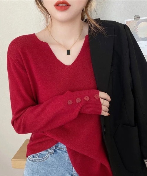 Beststore（ベストストア）の「【9色展開】キーネックニット リブニット キーネック 長袖 ニット レイヤードトップス 袖ボタン　中厚　きれいめカジュアル オフィスカジュアル 秋服 冬服（ニット/セーター・レディース・パープル/ベージュ/ピンク/レッド/ホワイト/ブラウン/ライトベージュ/ブラック/ブルー・FREE）」の9枚目の写真