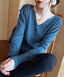【9色展開】キーネックニット リブニット キーネック 長袖 ニット レイヤードトップス 袖ボタン 中厚 きれいめカジュアル オフィスカジュアル 秋服 冬服
